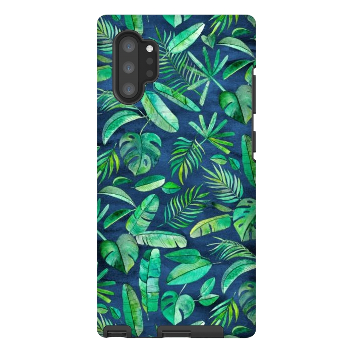 Galaxy Note 10 plus StrongFit Emerald Tropical Leaf Scatter on textured Navy Blue by Micklyn Le Feuvre