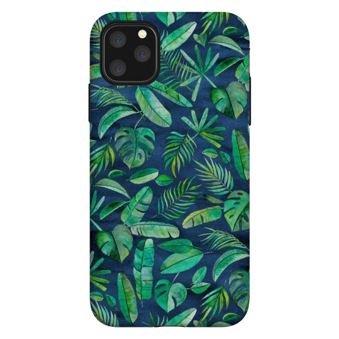 iPhone 11 Pro Max StrongFit Emerald Tropical Leaf Scatter on textured Navy Blue by Micklyn Le Feuvre