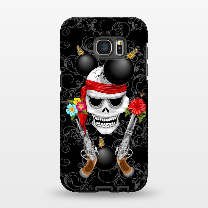 Galaxy S7 EDGE StrongFit Pirate Skull, Ancient Guns, Flowers and Cannonballs by BluedarkArt