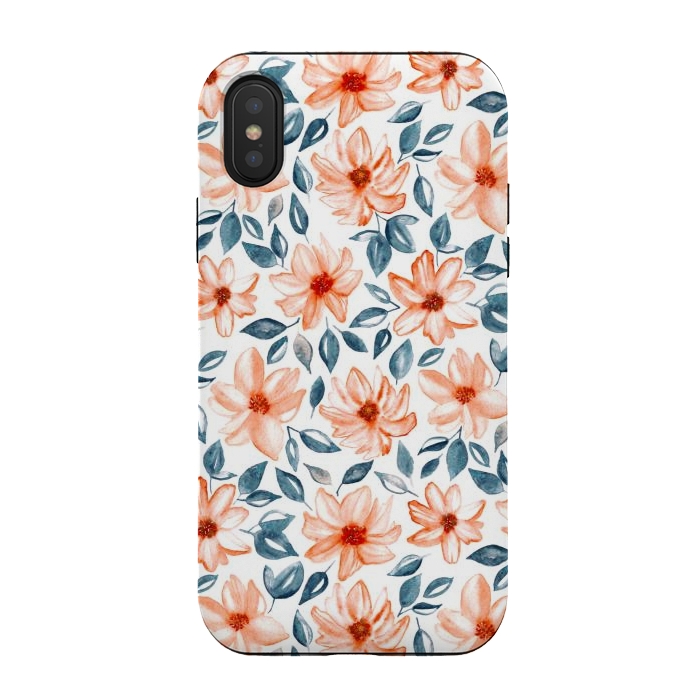 iPhone Xs / X StrongFit Orange & Navy Watercolor Floral  by Tigatiga