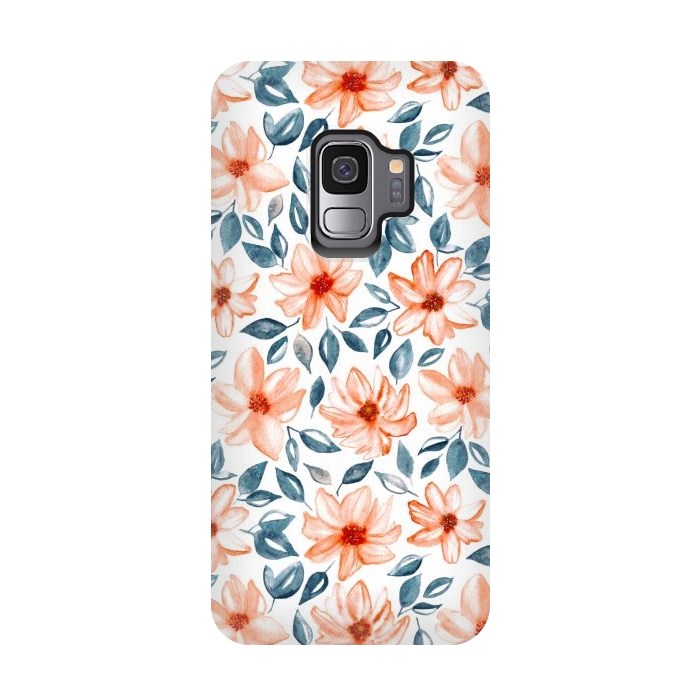 Galaxy S9 StrongFit Orange & Navy Watercolor Floral  by Tigatiga