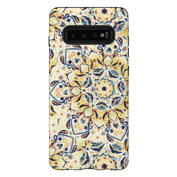 Galaxy S10 plus StrongFit Stained Glass Mandala - Mustard Yellow & Navy  by Tigatiga