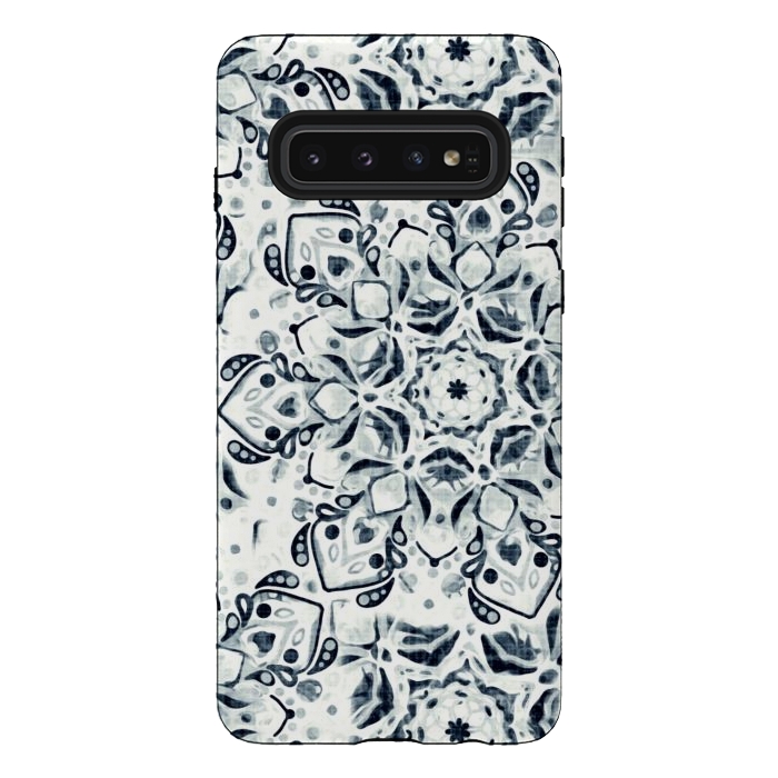 Galaxy S10 StrongFit Stained Glass Mandala - Navy & White  by Tigatiga