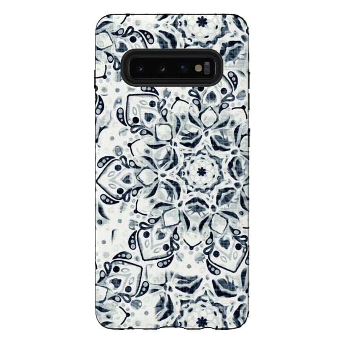 Galaxy S10 plus StrongFit Stained Glass Mandala - Navy & White  by Tigatiga