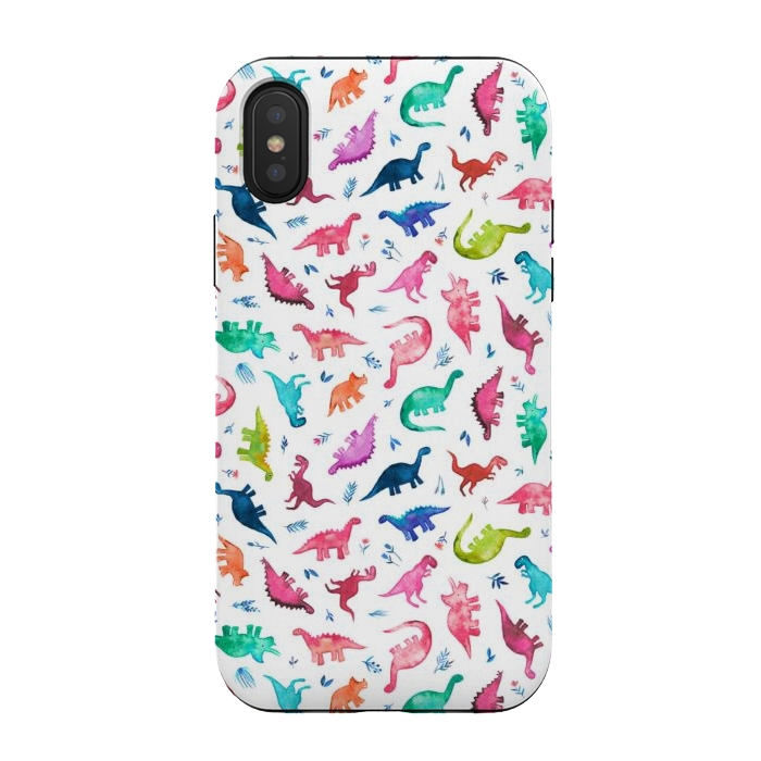 iPhone Xs / X StrongFit Tiny Ditsy Watercolor Dinosaurs in Rainbow Colors by Micklyn Le Feuvre