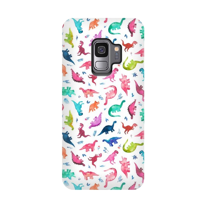 Galaxy S9 StrongFit Tiny Ditsy Watercolor Dinosaurs in Rainbow Colors by Micklyn Le Feuvre
