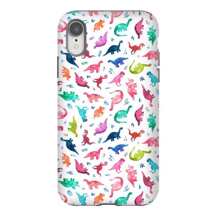 iPhone Xr StrongFit Tiny Ditsy Watercolor Dinosaurs in Rainbow Colors by Micklyn Le Feuvre