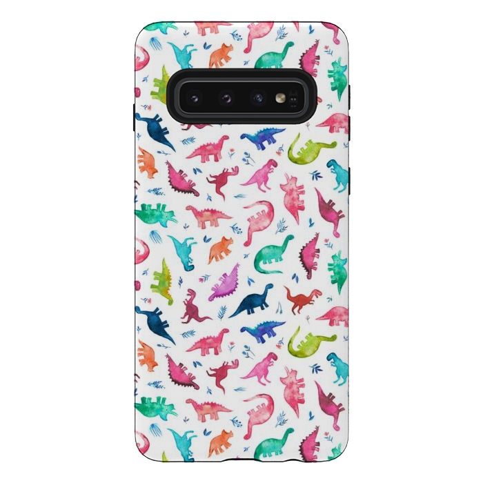 Galaxy S10 StrongFit Tiny Ditsy Watercolor Dinosaurs in Rainbow Colors by Micklyn Le Feuvre