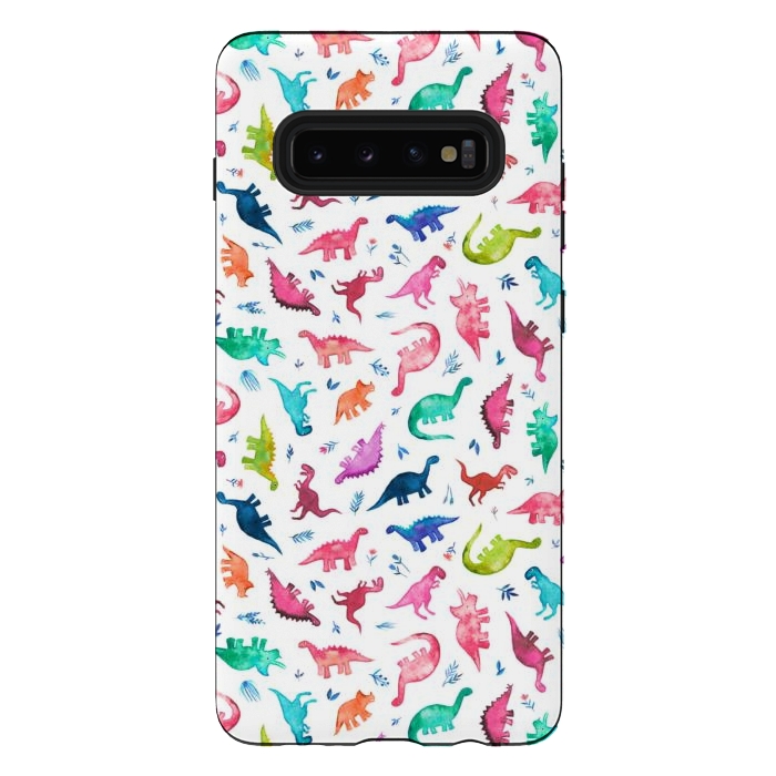 Galaxy S10 plus StrongFit Tiny Ditsy Watercolor Dinosaurs in Rainbow Colors by Micklyn Le Feuvre