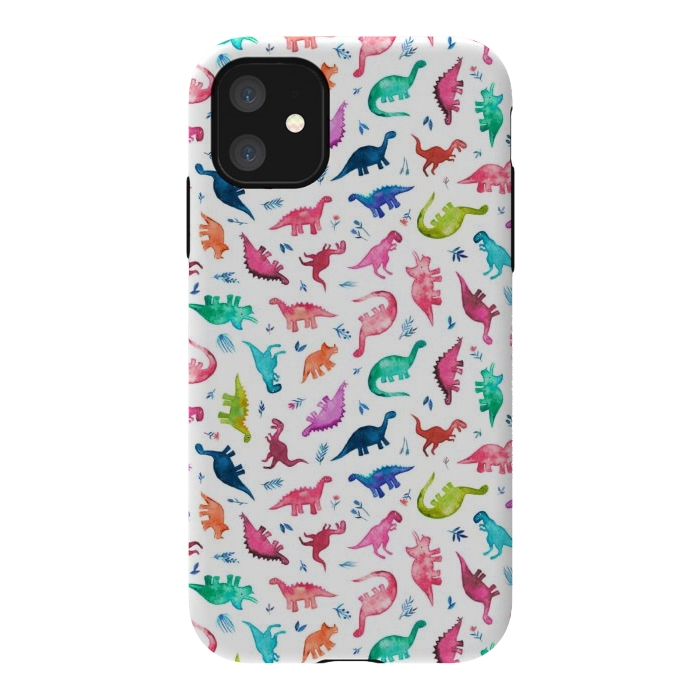 iPhone 11 StrongFit Tiny Ditsy Watercolor Dinosaurs in Rainbow Colors by Micklyn Le Feuvre