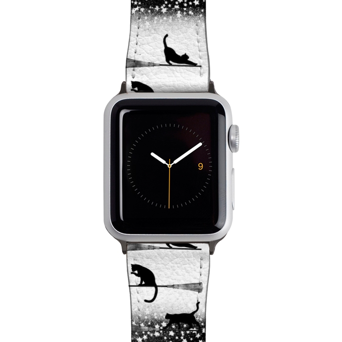 Watch 42mm / 44mm Strap PU leather black cats flying on witch brooms by Oana 