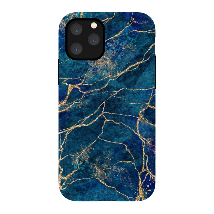 iPhone 11 Pro Max StrongFit Blue Marble with Gold Glitter Veins Fake Stone Texture by ArtsCase