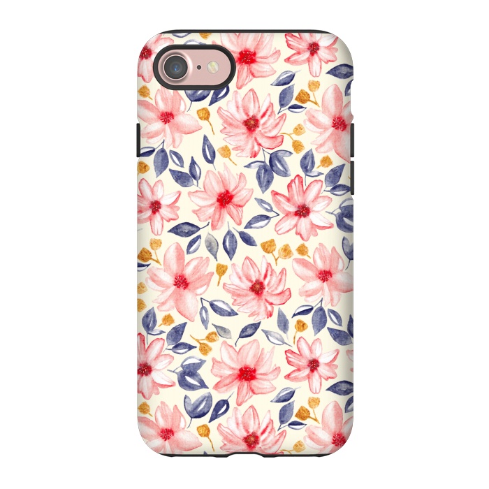 iPhone 7 StrongFit Navy, Gold & Pink Watercolor Floral - Cream  by Tigatiga