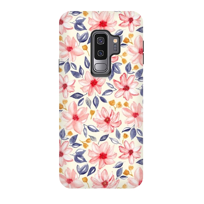 Galaxy S9 plus StrongFit Navy, Gold & Pink Watercolor Floral - Cream  by Tigatiga