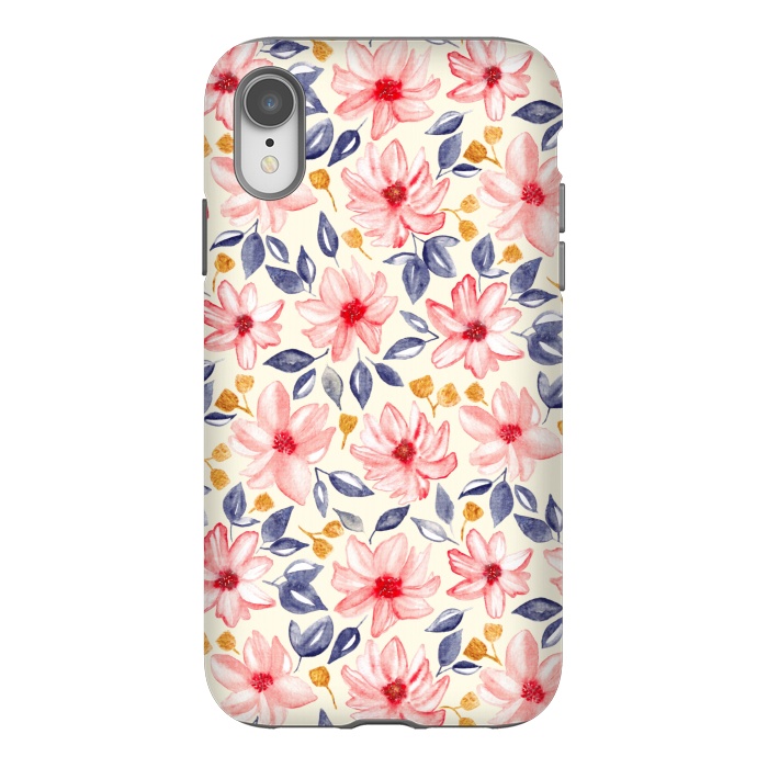 iPhone Xr StrongFit Navy, Gold & Pink Watercolor Floral - Cream  by Tigatiga