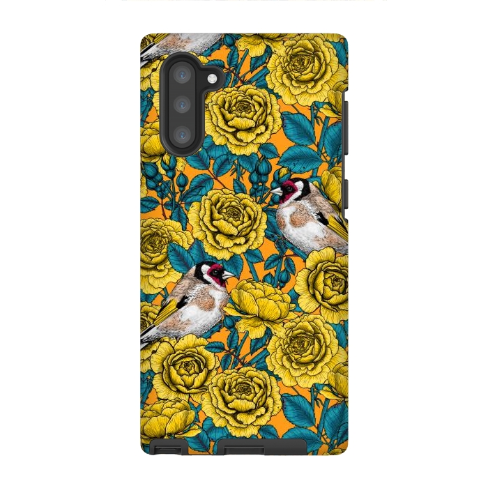 Galaxy Note 10 StrongFit Rose flowers and goldfinch birds by Katerina Kirilova