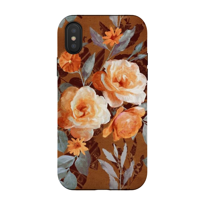 iPhone Xs / X StrongFit Chintz Roses on Rust Brown by Micklyn Le Feuvre