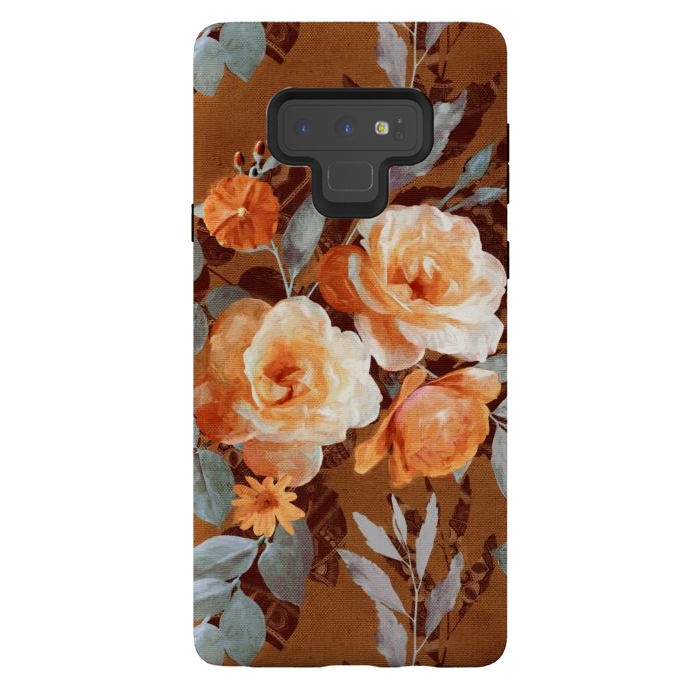 Galaxy Note 9 StrongFit Chintz Roses on Rust Brown by Micklyn Le Feuvre