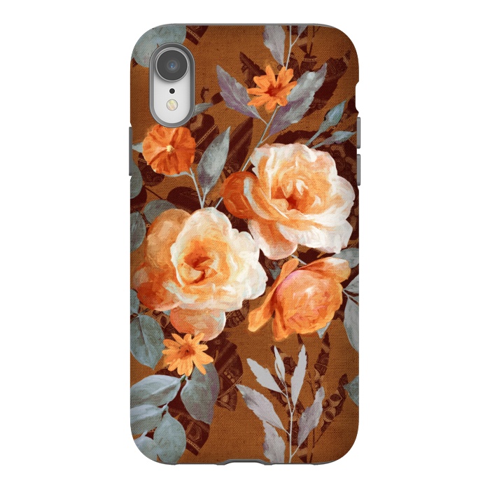 iPhone Xr StrongFit Chintz Roses on Rust Brown by Micklyn Le Feuvre