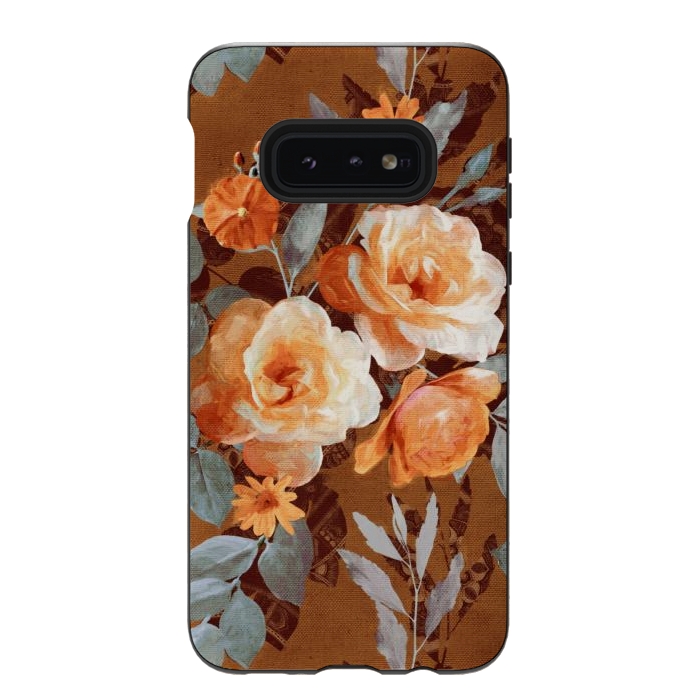 Galaxy S10e StrongFit Chintz Roses on Rust Brown by Micklyn Le Feuvre