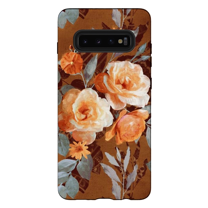 Galaxy S10 plus StrongFit Chintz Roses on Rust Brown by Micklyn Le Feuvre