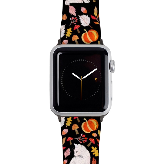 Watch 42mm / 44mm Strap PU leather Autumn nature pattern with white cat by Oana 