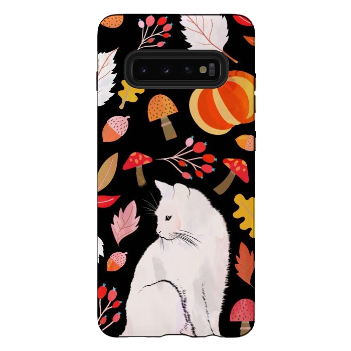 Galaxy S10 plus StrongFit Autumn nature pattern with white cat by Oana 