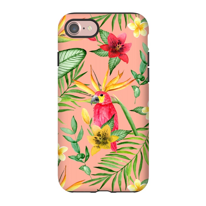 iPhone 7 StrongFit Red parrot and tropical leaves by Julia Badeeva