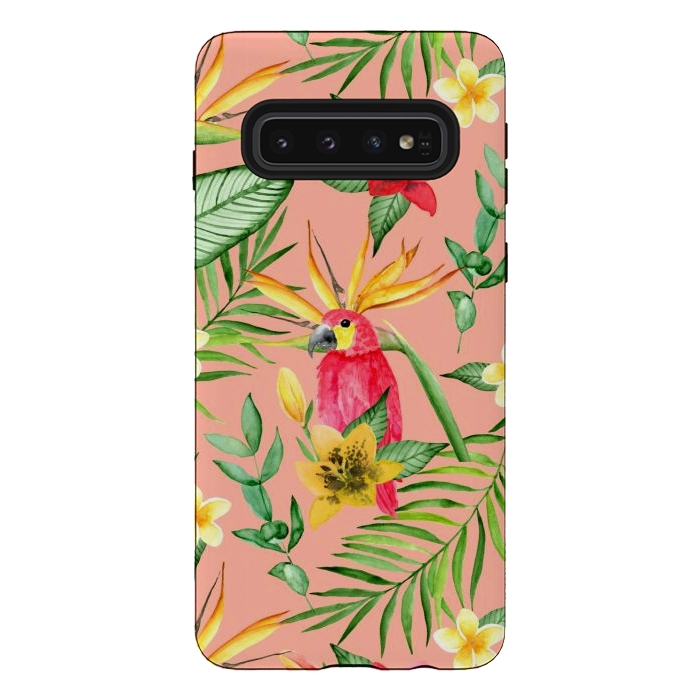 Galaxy S10 StrongFit Red parrot and tropical leaves by Julia Badeeva
