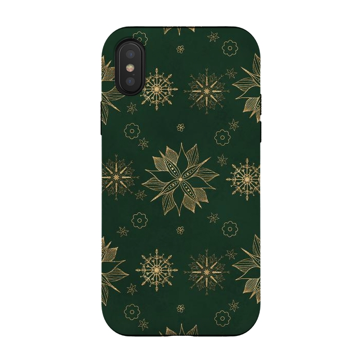 iPhone Xs / X StrongFit Elegant Gold Green Poinsettias Snowflakes Winter Design by InovArts