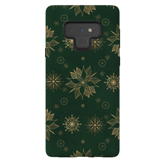 Galaxy Note 9 StrongFit Elegant Gold Green Poinsettias Snowflakes Winter Design by InovArts