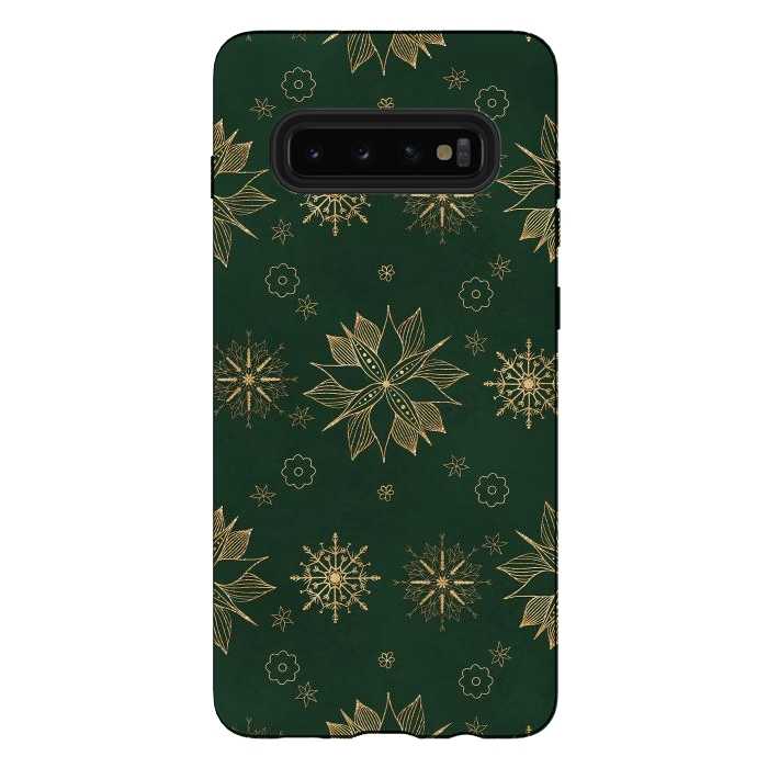 Galaxy S10 plus StrongFit Elegant Gold Green Poinsettias Snowflakes Winter Design by InovArts