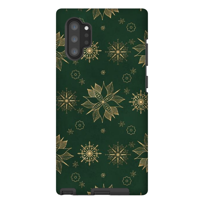 Galaxy Note 10 plus StrongFit Elegant Gold Green Poinsettias Snowflakes Winter Design by InovArts