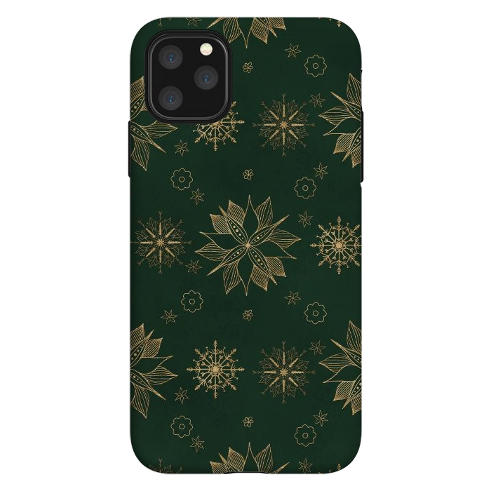 iPhone 11 Pro Max StrongFit Elegant Gold Green Poinsettias Snowflakes Winter Design by InovArts