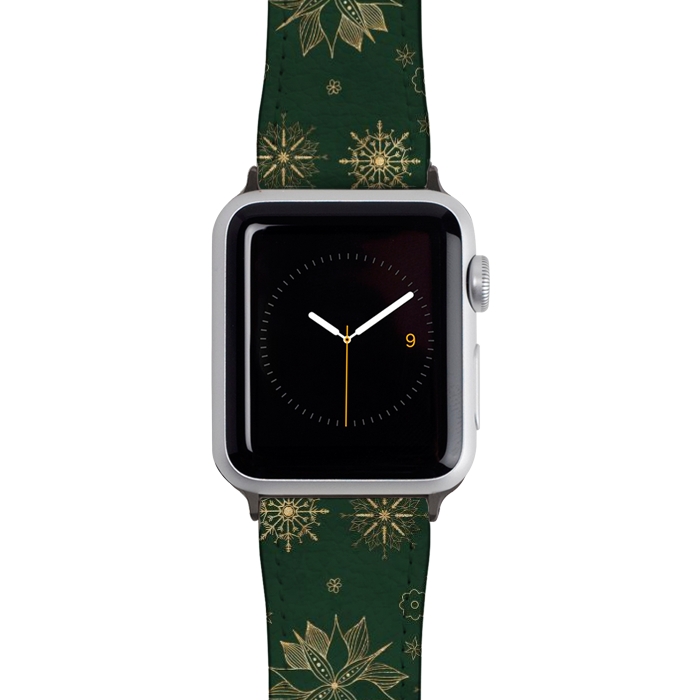 Watch 42mm / 44mm Strap PU leather Elegant Gold Green Poinsettias Snowflakes Winter Design by InovArts