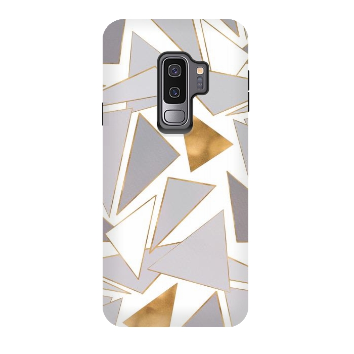 Galaxy S9 plus StrongFit Modern Minimalist Gold Strokes Gray Triangles by InovArts