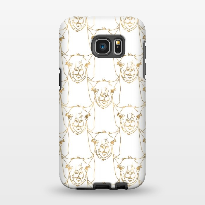Galaxy S7 EDGE StrongFit Cute Gold Strokes Llama Animal White Pattern by InovArts