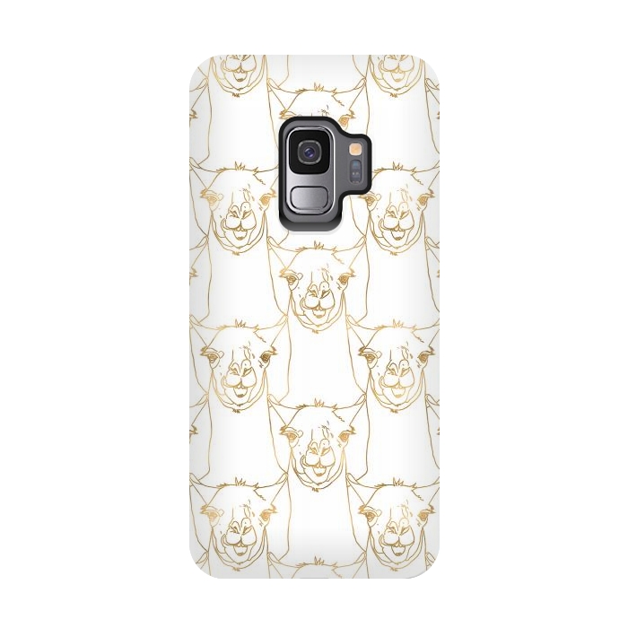 Galaxy S9 StrongFit Cute Gold Strokes Llama Animal White Pattern by InovArts