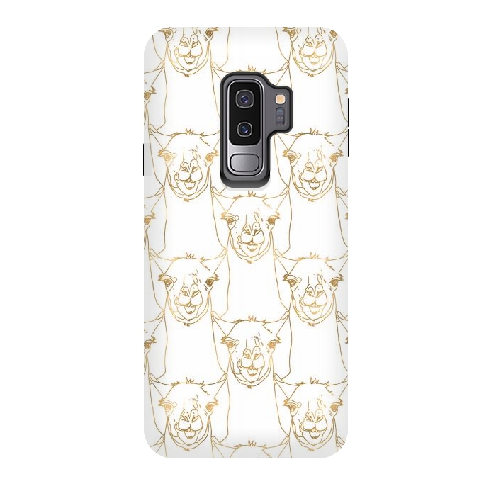 Galaxy S9 plus StrongFit Cute Gold Strokes Llama Animal White Pattern by InovArts