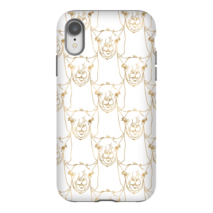 iPhone Xr StrongFit Cute Gold Strokes Llama Animal White Pattern by InovArts