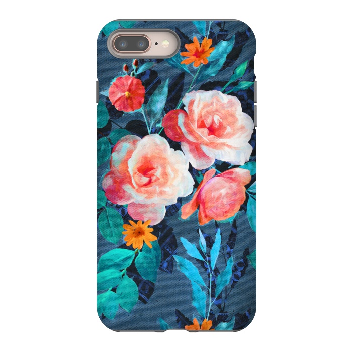 iPhone 7 plus StrongFit Retro Rose Chintz in Radiant Coral on Blue by Micklyn Le Feuvre