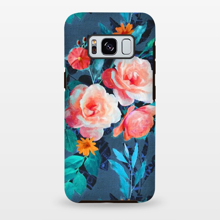 Galaxy S8 plus StrongFit Retro Rose Chintz in Radiant Coral on Blue by Micklyn Le Feuvre
