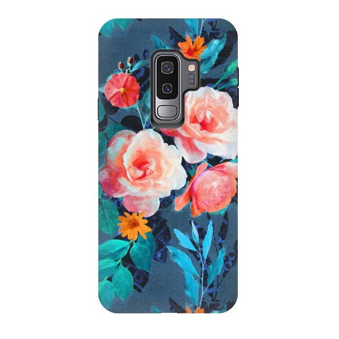 Galaxy S9 plus StrongFit Retro Rose Chintz in Radiant Coral on Blue by Micklyn Le Feuvre