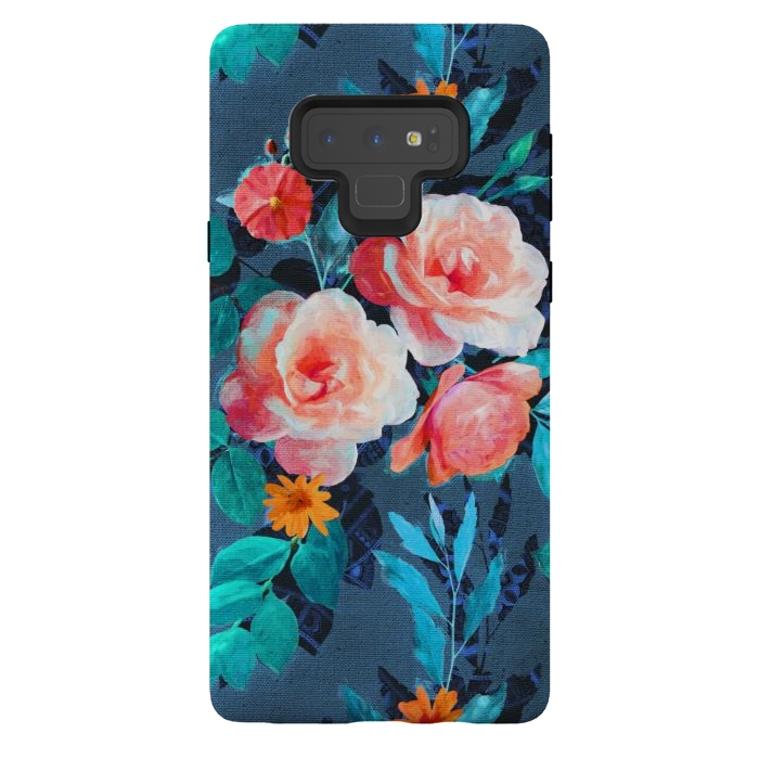 Galaxy Note 9 StrongFit Retro Rose Chintz in Radiant Coral on Blue by Micklyn Le Feuvre