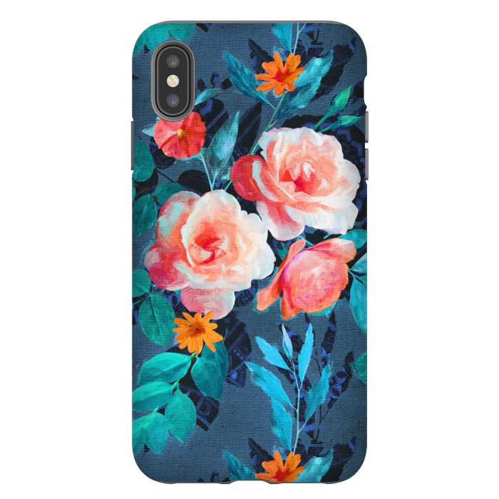 iPhone Xs Max StrongFit Retro Rose Chintz in Radiant Coral on Blue by Micklyn Le Feuvre