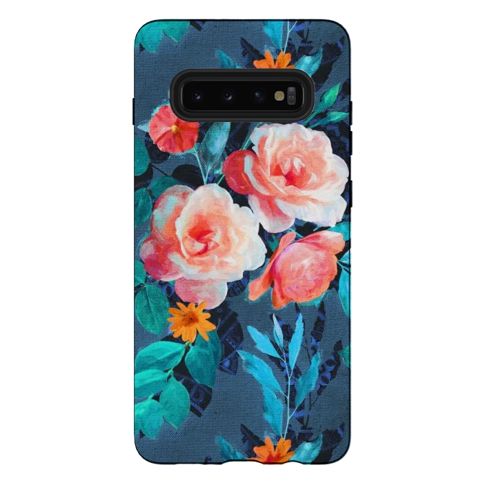 Galaxy S10 plus StrongFit Retro Rose Chintz in Radiant Coral on Blue by Micklyn Le Feuvre