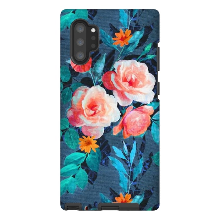 Galaxy Note 10 plus StrongFit Retro Rose Chintz in Radiant Coral on Blue by Micklyn Le Feuvre
