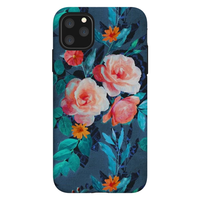 iPhone 11 Pro Max StrongFit Retro Rose Chintz in Radiant Coral on Blue by Micklyn Le Feuvre