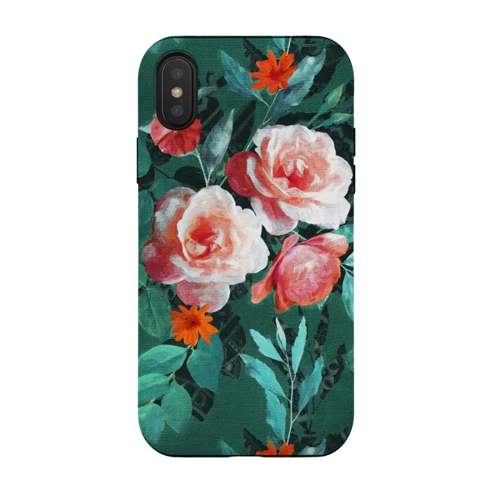 iPhone Xs / X StrongFit Retro Rose Chintz in Melon Pink on Dark Emerald Green by Micklyn Le Feuvre
