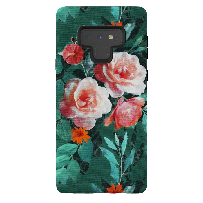 Galaxy Note 9 StrongFit Retro Rose Chintz in Melon Pink on Dark Emerald Green by Micklyn Le Feuvre